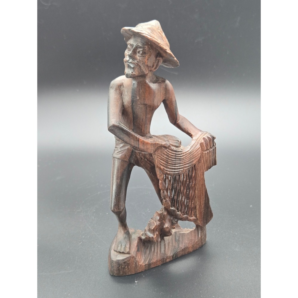 Vintage Hand Carved Wood Asian Fisherman Figurine with Net 7.75 Inch Sculpture